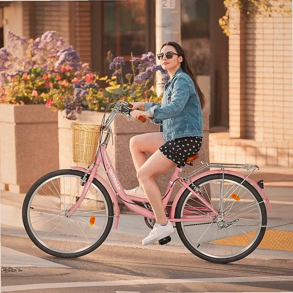 24 Inch Beach & City Cruiser Bike Adult Men Women Steel Frame Basket Rack Pink