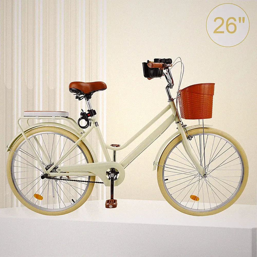 26 inch Women City Bike Lady Beach Cruiser Bicycle with Basket & Rack Yellow
